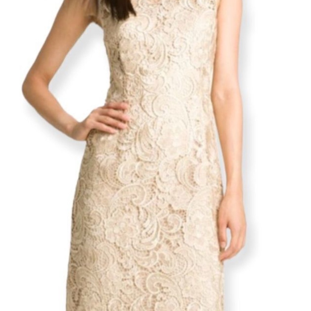 Adrianna Papell Gold Sheath Midi Dress Bateau Neckline